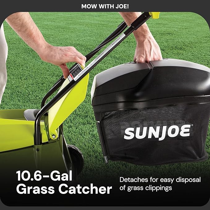 Sun Joe MJ401C 14-Inch 28-Volt Cordless Push Lawn Mower, w/10.6-Gallon Collection Bag, 3-Position Height Adjustment, Safety Key, 14 inches, Green