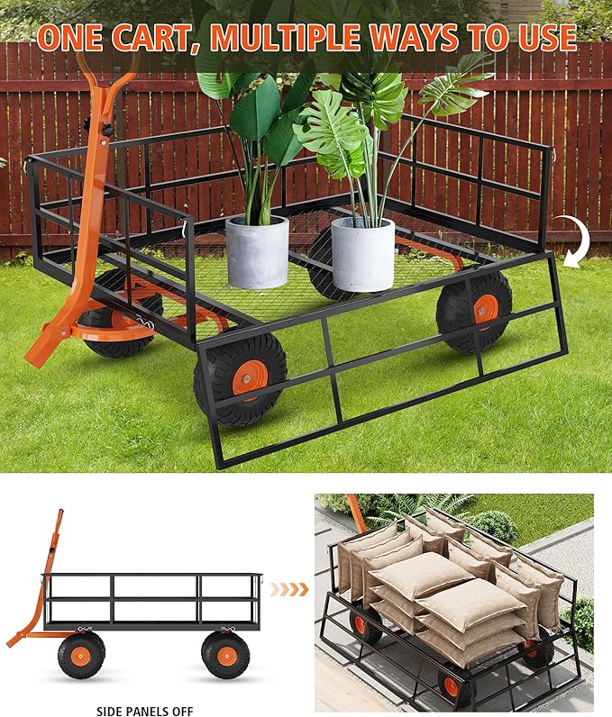 Heavy Duty Steel Garden Cart, 1200 LBS Capacity 3 in 1 Pullable Garden Wagon with 13" Wheels, for Gardening Soil, Tools, and Plant Transport