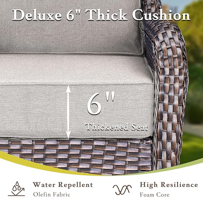 Luxury Outdoor Swivel Rocker Patio Chairs, High Back Swivel Patio Chairs with Side Table & 6-Inch Thick Cushions, Wicker Outdoor Bistro Set for Porch, Yard, Deck, Poolside, Brown/Beige