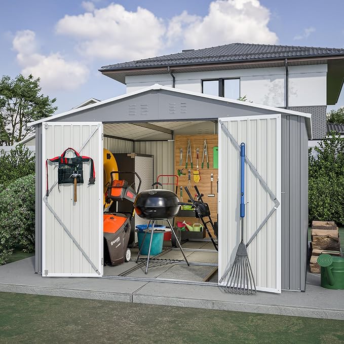 10x10 FT Outdoor Storage Shed with Floor,Metal Shed W/Air Vent & Sloped Roof,All Weather Waterproof Garden Tool House W/Lockable Hinged Door,for Backyard,Patio,Lawn,Gray