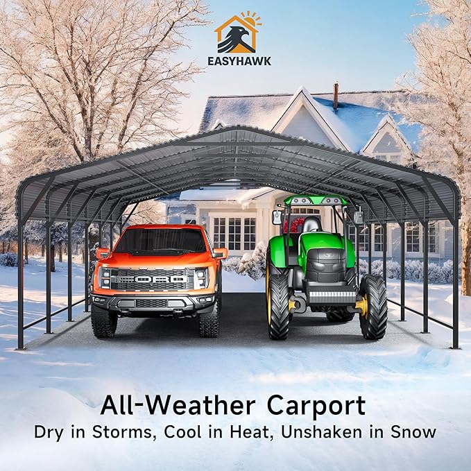 20x30 FT Metal Carport, Enhanced Base and Steel Roof for All-Weather Use, Outdoor Heavy Duty Garage Galvanized Car Shelter for Bass Boats, Full-Sized Pickup Trucks, and Tractors