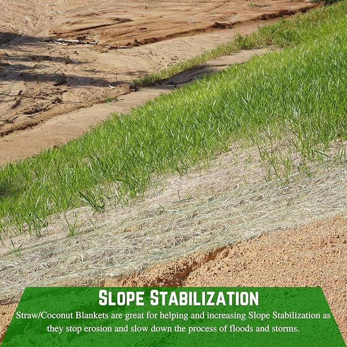 Farm Plastic Supply 100% Biodegradable Erosion Control Blanket - Straw/Coconut Straw Garden and Landscape Cover, Straw Blanket, Erosion Control (2' x 112.5')