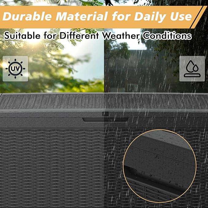 NUNU LAB 101 Gallon Resin Deck Box โ Large Lockable Outdoor Storage Box with Gas Lift, Waterproof Patio Storage for Cushions, Garden Tools, Pool Supplies, and More, Black