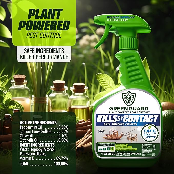 Green Guard Pest Control Spray - Indoor & Outdoor Killer of Ants, Roaches, Spiders & Other Crawling Insects, Safe Around Children & Pets, Plant-Based, Pleasant Scent (Peppermint Hit, 32oz)