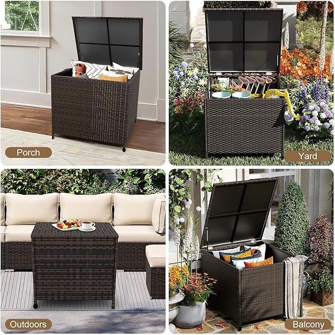 80 Gallon Deck Box, Outdoor Patio Storage Box, Wicker Patio Deck Boxes with Lid, Waterproof and Weather-resistant, Outdoor Furniture for Cushion,Pillows,Indoor, Pool, Balcony, Yard, Garden(Brown)