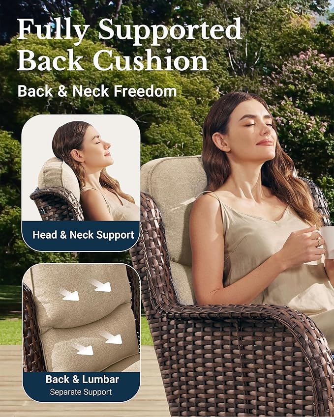 HILLGA Luxury Outdoor Swivel Rocker Patio Chairs of 2 with 6 Inch Thick Cushions and Side Table, Swivel Outdoor Chairs 5PCS High Back Wicker Patio Furniture Set for Porch, Balcony, Deck in Beige