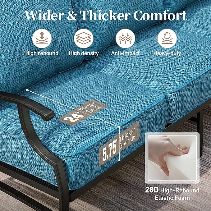 5 Piece Metal Outdoor Patio Furniture Set with Fire Pit Table, Patio Conversation Sets 4 Swivel Chairs with 5.75" Thick Cushion and 5000 BTU Fire Pit Table, Backyard Furniture, Blue-2
