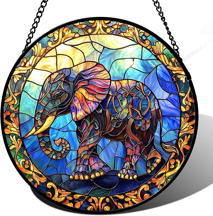 Stained Glass Window Hanging - Blue Elephant Suncatcher for Door Terrace Garden Home Decor, Yellow Retro Sun Catcher Birthday Gifts for Lovers Women Men Dad Mom Nana 11.8 in