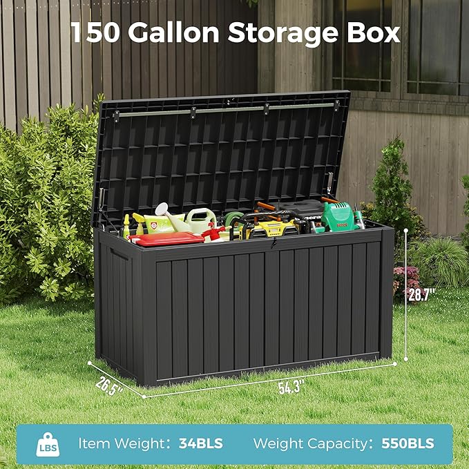NUNU LAB 150 Gallon Outdoor Storage Box,Resin Large Sturdy Deck Box, Backyard Outside Storage Box Waterproof with Double Wall Panels,Package Delivery Garden Outdoor Hose Storage Bin