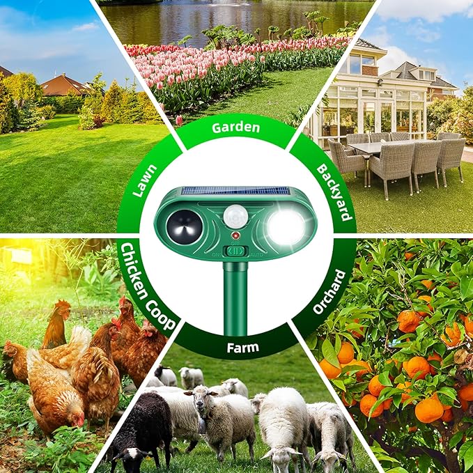 Solar Ultrasonic Animal Repeller Cat Deterrent Outdoor Squirrel Rabbit Dog Skunk Raccoon Coyote Fox Deer Predator Deterrents Repellent Device with Light (2)
