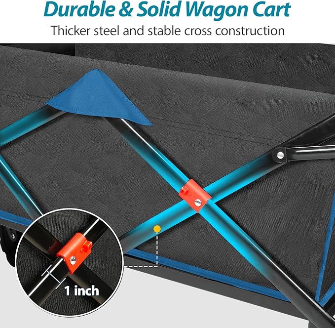Taifa Foldable Collapsible Wagon Cart with Extra Push Pull Handle, Heavy Duty Portable Folding Beach Utility Grocery Wagon Cart with Big Wheels and Brakes for Sand, Camping, Shopping, Black and Blue