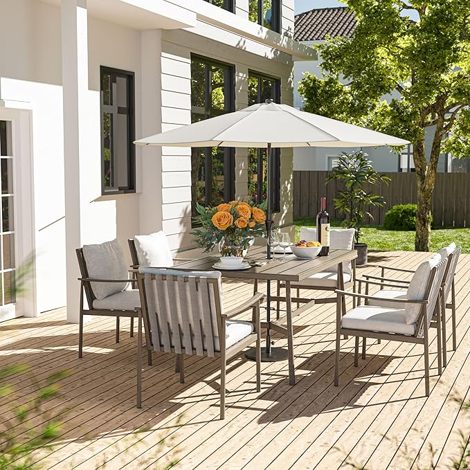 HAPPATIO 7-Piece Outdoor Dining Set for 6, Aluminum Patio Dining Set Includes 6 Dining Chairs and 1 Large Rectangular Table with Umbrella Hole, Patio Furniture Set for Lawn, Porch, Backyard, Grey