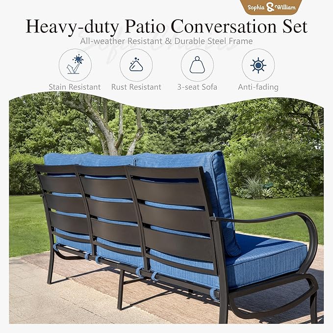 Sophia & William Patio Furniture Sets with 45" Gas Fire Pit Table for 7 Outdoor Conversation Sets 6 Pcs, 2 x Swivel Cushioned Sofa Chairs, 1x3-Seat Sofa, 2xOttomans for Backyard Poolside Peacock Blue