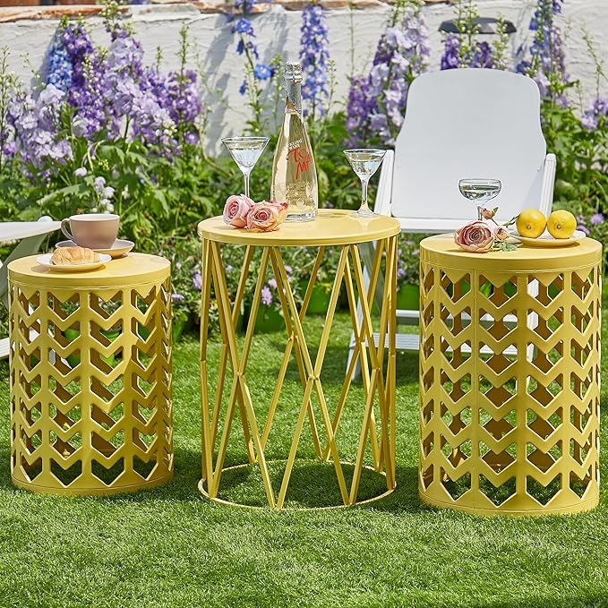 Y&M Nesting Side Table, Set of 3 Stacking Coffee Table for Living Room, Indoor End Tables, Outdoor Decorative Garden Stool with Heavy Duty Metal Frame Modern Industrial Decor - Yellow