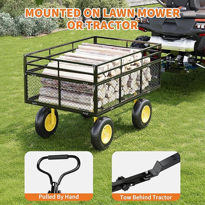 3-in-1 Heavy-Duty Steel Garden Cart, 1400 Lbs Garden Wagon, with 13 Inch All-Terrain Tires and Removable Mesh Side Panels, 180° Rotating Handle, Metal Utility Yard Trailer, Outdoor Gardens Wagon Cart
