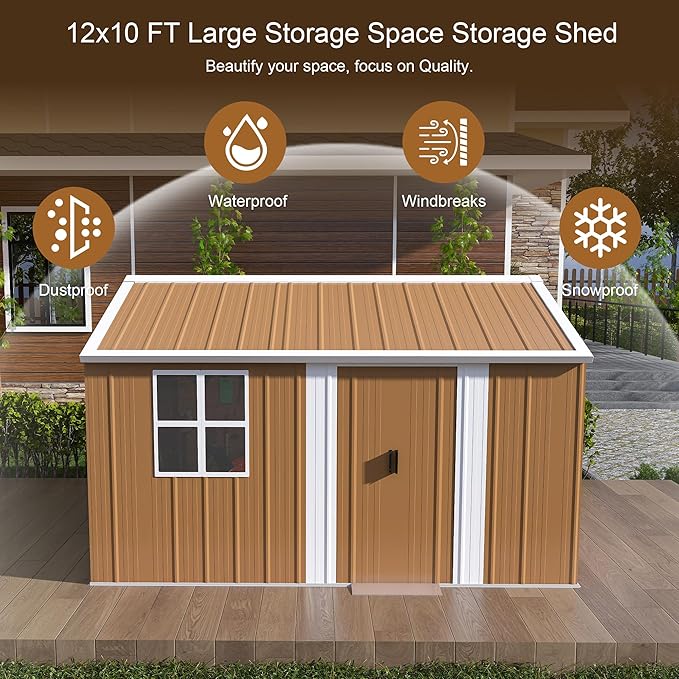 KEIKI 12FT x 10FT Heavy-Duty Metal Storage Shed, Outdoor Storage Shed with Floor & Window and Lockable Doors, Weatherproof Outdoor Garden Shed for Garden, Backyard, Patio, Lawn