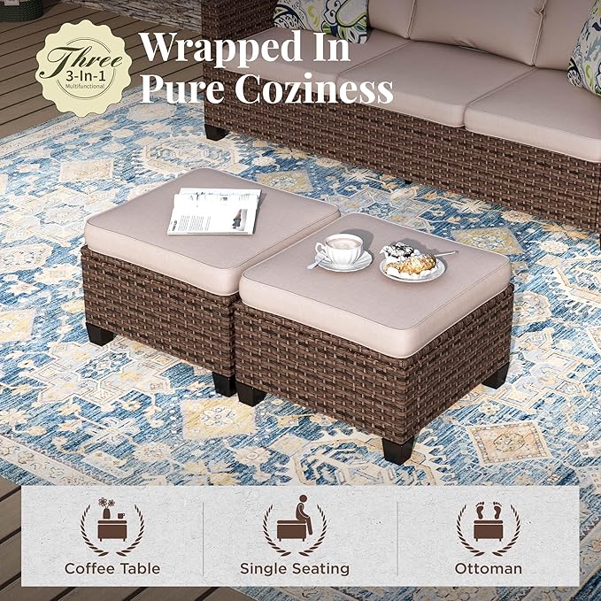 Patio Furniture Set, 8 Pcs Wicker Rattan Outdoor Conversation Set, 4 x Leg Chairs, 1 x 3 Seater Sofa and 2 x Ottomans with 4" Thick Cushion and 32" Fire Pit Table, Beige