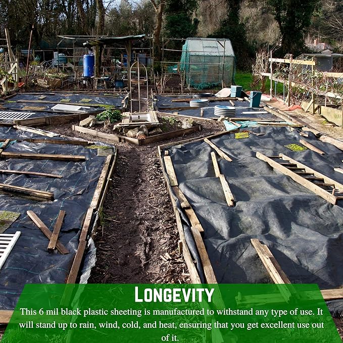 Farm Plastic Supply - Weed Control 6 Mil Black Plastic Sheeting - Heavy Duty Weed Barrier Landscape Fabric for Outdoor Gardens, Non Woven Weed Blocker Fabric, Weed Control (50' x 100')
