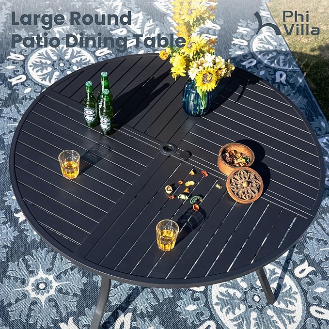 PHI VILLA 7 Piece Outdoor Patio Dining Set with 6 Swivel Dining Chairs & 1 Large Round Dining Table, Blue Textilene Mesh Fabric Chair and 54" Metal Table for All Weather