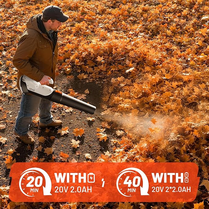 Litheli 20V Cordless Leaf Blower, Dual 2×2.0Ah Batteries Included, 350CFM/85MPH, 2-Speed Lightweight Handheld Electric Blower for Lawn, Patio, Dust & Leaves