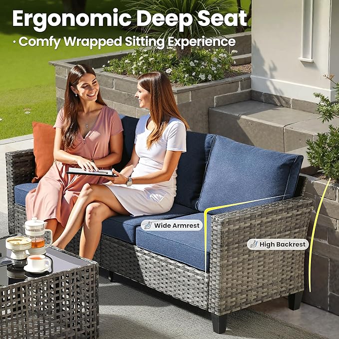 ovios 8 Pieces Patio Furniture Set with Swivel Chairs Rocking Gliders, Outdoor Sofa Couch with Solar Lights Table Comfy Cushions, Modern Deep Seat Wicker Rattan Conversation Set, Denim Blue
