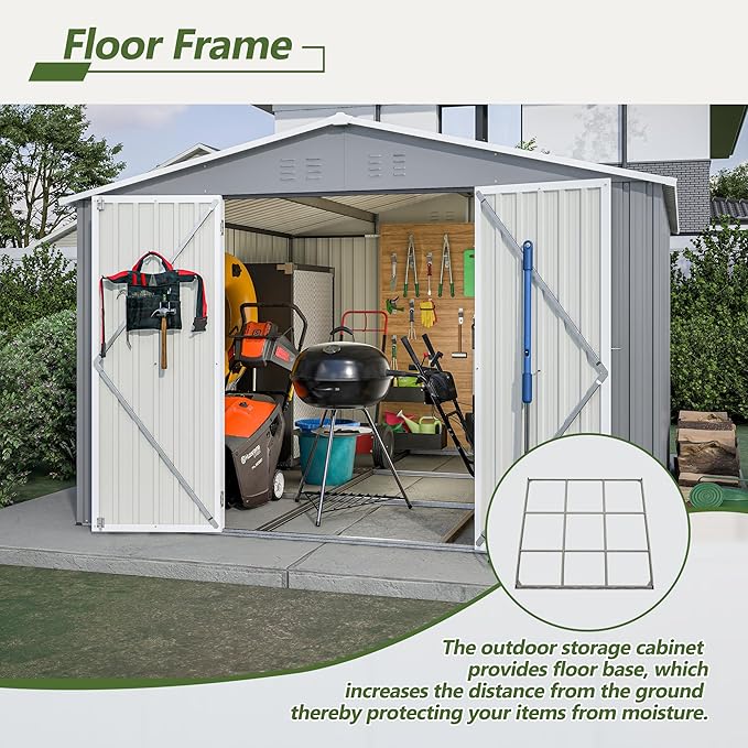 10x10 FT Outdoor Storage Shed with Floor,Metal Shed W/Air Vent & Sloped Roof,All Weather Waterproof Garden Tool House W/Lockable Hinged Door,for Backyard,Patio,Lawn,Gray