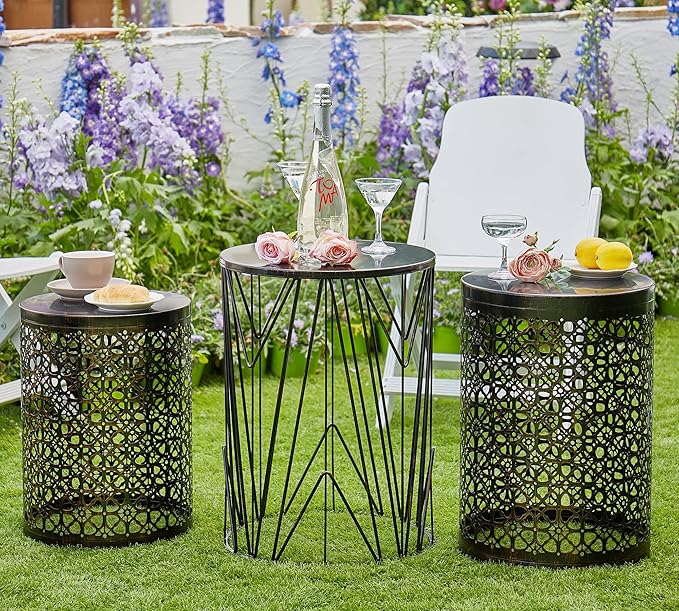 HFHOME Set of 3 Metal Side End Tables Nightstand, Nesting Round Coffee Table for Indoor Outdoor, Heavy Duty Metal Plant Stand Living Room Garden Stool - Bronze