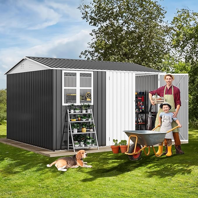 DWVO 10x10ft Metal Outdoor Storage Shed with Window, Lockable Tool Storage Sheds, Oversized Steel Garden Sheds with Sloped Roof for Backyard, Patio, Garage, Lawn, Gray & White