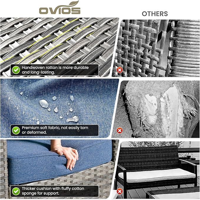 ovios Patio Furniture Set, 6 Pieces Outdoor Wicker Sofa Couch with Loveseat, Ottomans and Comfy Cushions, All Weather High Back Rattan Conversation Set, Denim Blue