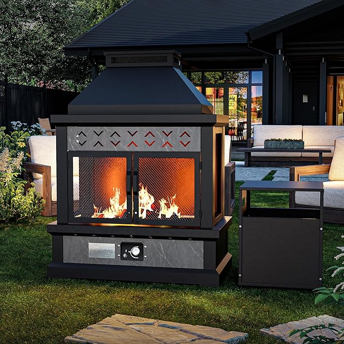 Outdoor Propane Fireplace w Tank Table, 50,000 BTU Gas Fire Pit with Ceramic Logs, Rain Cover, 35 Inch Steel Metal Smokeless Fireplace for Patio, Deck, CSA Certified (35 x 47 Inch)