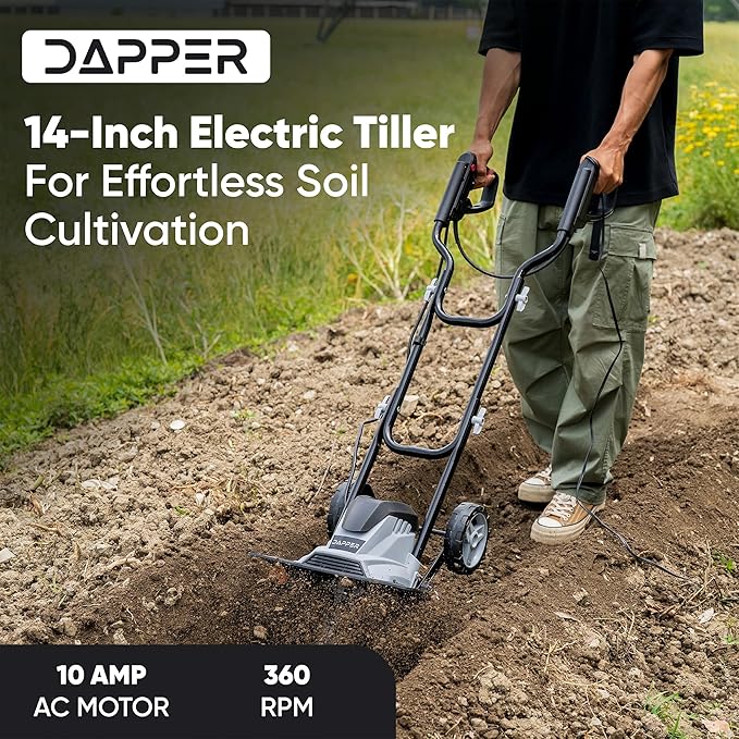 14 Electric Tiller Cultivator, 10Amp Corded Garden Rototiller with 4 Steel Tines, Adjustable Depth Wheels, Foldable Handle, Lightweight Portable Soil Cultivator for Gardening