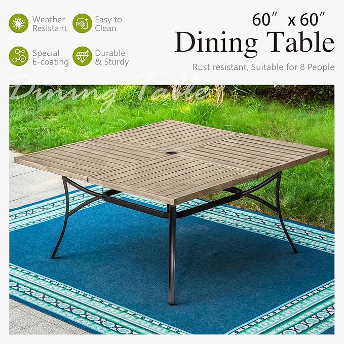 Sophia & William 9 Pieces Patio Dining Set for 8, 60" Large Square Patio Table and Rattan Chairs Set, All Weather Outdoor Dining Set, 8 People Metal Patio Table Set for Outside, Teak Color Tabletop