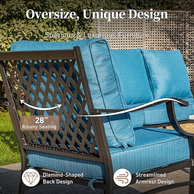 5 Piece Metal Outdoor Patio Furniture Set with Fire Pit Table, Patio Conversation Sets 4 Swivel Chairs with 5.75" Thick Cushion and 5000 BTU Fire Pit Table, Backyard Furniture, Blue-2