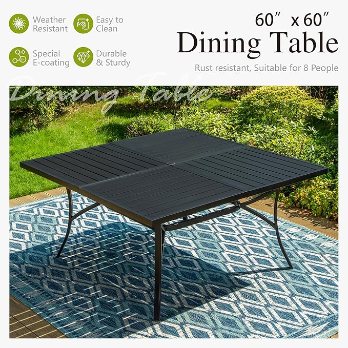 Sophia & William 9 Pieces Patio Dining Set for 8, All Weather Square Outdoor Table with Umbrella Hole, 8 Rattan Chairs with Cushions, Large Patio Table and Chairs Set for Outside, Black Tabletop