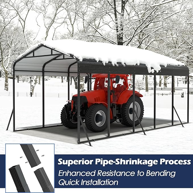 Xilingol Metal Carport, Heavy Duty Carport Canopy with Galvanized Steel Frame and Roof, Outdoor Storage Shed, Car Tent Garage Shelter for Pickup, Truck, Boat and Tractor (12x25 FT Black)
