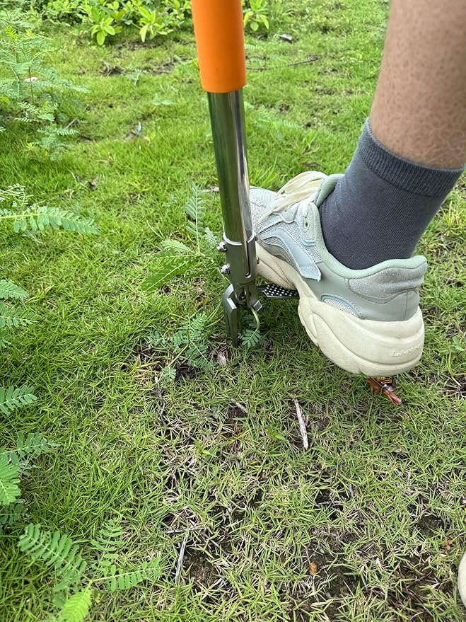 YYMIYU 52" Stand Up Weed Puller Tool β 4-Claw Stainless Steel Weeder with Grass-Pushing & Weed-Ejection Design β Heavy-Duty 0.8mm Steel Handle for Effortless Root Removal
