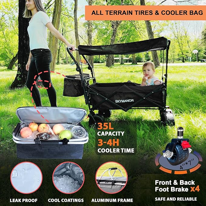 SKYMANOR Collapsible Wagon Folding Garden Cart with Removable Canopy Utility Wagon Cart with All-Terrain Wheels Brake Beach Cart for Sand Heavy Duty Beach Wagon for Camping Shopping (Black)