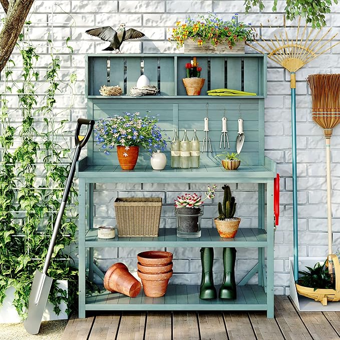 Outdoor Wooden Potting Bench Table β Farmhouse Garden Workstation with Drawers, Cabinet & Storage Shelves, Large Fir Wood Work Table for Patio, Backyard, Mudroom, Greenhouse (Green, 65'' H)