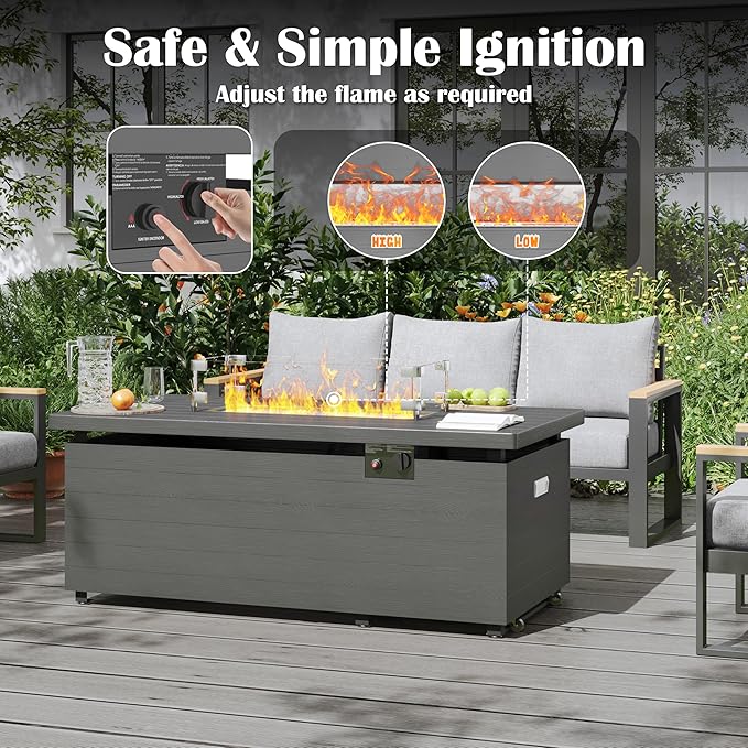 Sundale 50 Inch Outdoor Fire Pit Table, 50,000BTU Rectangle Propane Fire Pit with Glass Wind Guard, Rain Cover, Removable Lid, CSA Certified, Gray