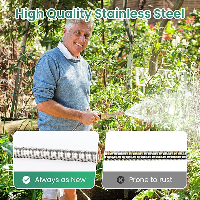 Cesun Metal Garden Hose 100 foot - 304 Stainless Steel Water Hose, Flexible, Lightweight and No-Kink Metal Hose with Brass Nozzle for Outdoor, Yard