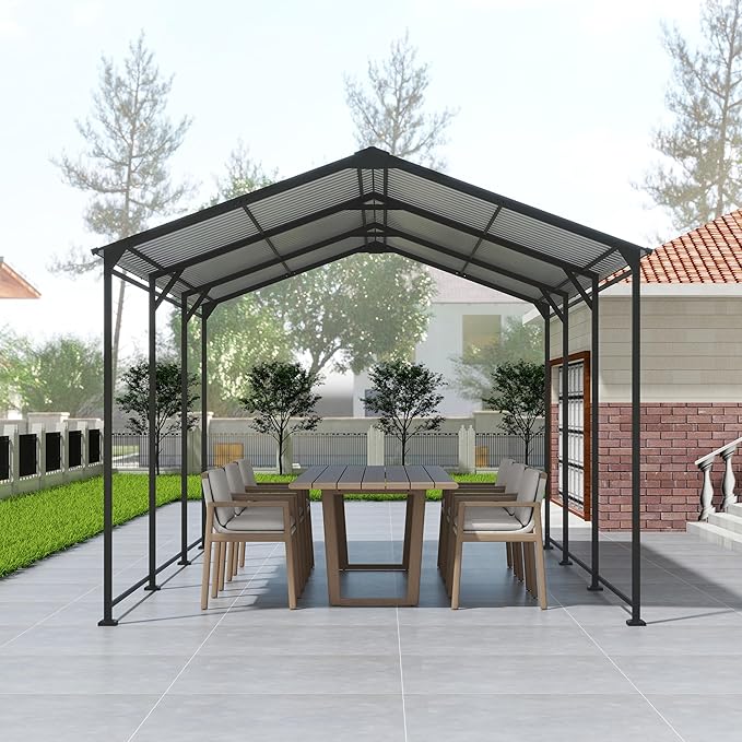 Metal Carport 10 ×15 FT Heavy Duty with Galvanized Steel Roof, Metal Garage Canopy with Galvanized Steel Roof & Frame, Car Tent Outdoor Storage Shed for Car, Boats and Truck, Gray
