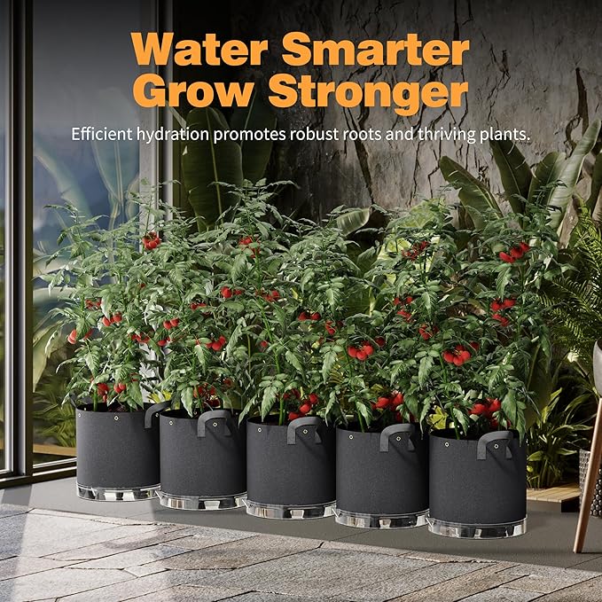 Self-Watering Grow Bags, 5-Pack 7 Gallon 420G Thick Nonwoven Fabric Pots with Reinforced Handles and Multi-Purpose Rings, for Low Stress Plant Training Fruits, Vegetables,and Flowers
