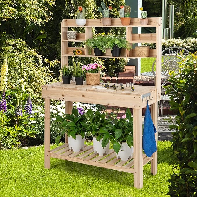 HAPPYGRILL Potting Bench Table, 60.5” Wood Garden Work Bench Workstation with Storage, Flip-Up Tabletop, Shelves & Hanging Hooks, Outdoor Garden Table for Patio, Lawn & Porch