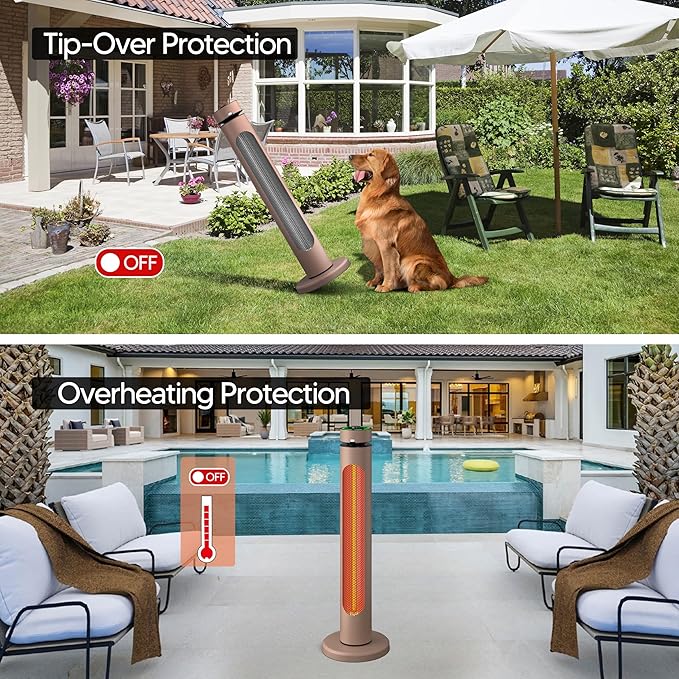 Portable Heater Outdoor Infrared 1500W 8 Heat Levels 8H Timers Carbon Fiber Tube Tip-Over&Overheat Protection IP65 Waterproof Electric Garden Heater, Deep Brown
