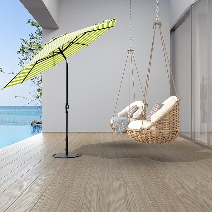 Midtown Umbrellas The Swilt 8 Feet Patio Umbrella in Terylast Pear Stripes (Green/White) Polyester Fabric - Fiberglass Ribs, Auto-Tilt Aluminum Frame For Backyard, Deck, Garden, Pool - White Pole