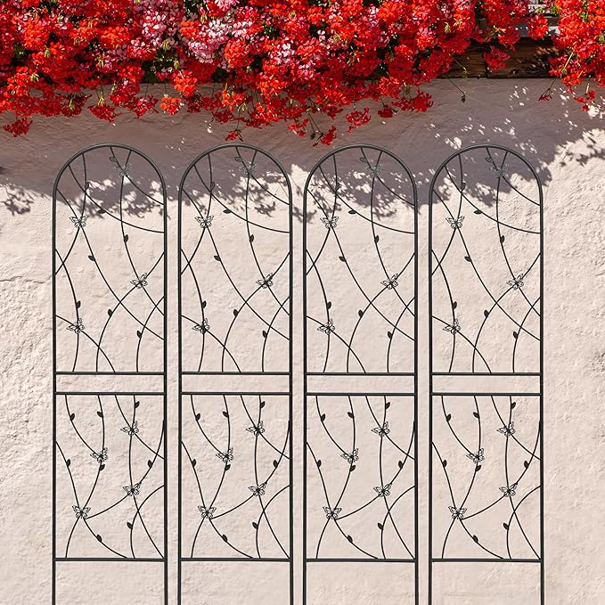 2 Pack Metal Garden Trellis 86.7" Tall Outdoor Climbing Plant Support for Roses, Flowers, Rustproof Durable Black Galvanized Tube, Lawn Garden Fence Decor Screen (2, Black flutter-86.7" H)