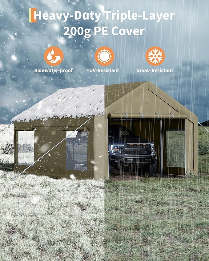 10X20 Ft Carport, Heavy Duty Portable Garage with Roll-Up Doors & 4 Windows,200g PE Tarp Waterproof & UV Protected,All-Weather Design,for Car, Boat, Truck, Motorcycle, ATVs, and SUV