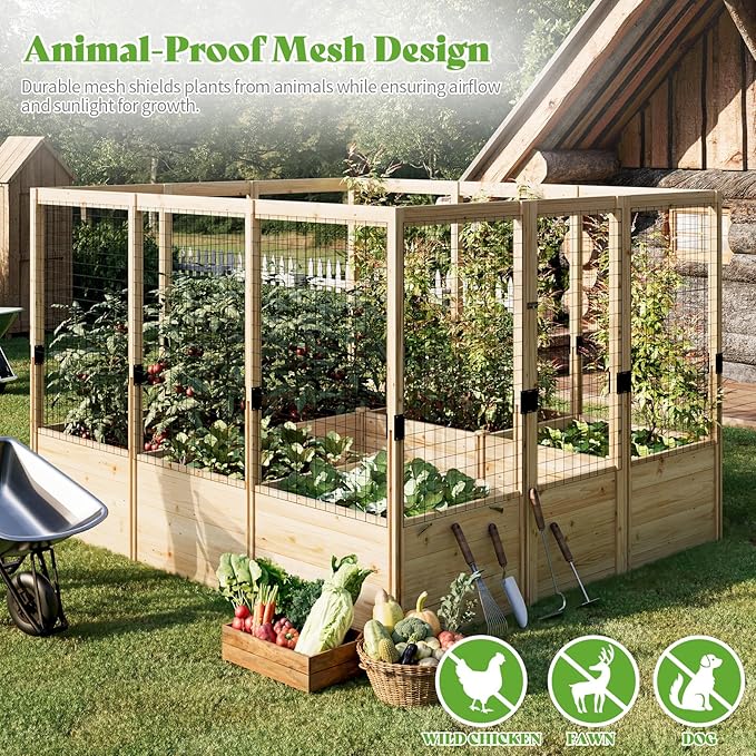 PaPaJet Wooden Raised Garden Bed for Outdoor, 1.6FT Depth Large Planter Box with Netting for Gardening, Vegetables, Flowers, Herbs(7.5× 8.9× 5.9FT)