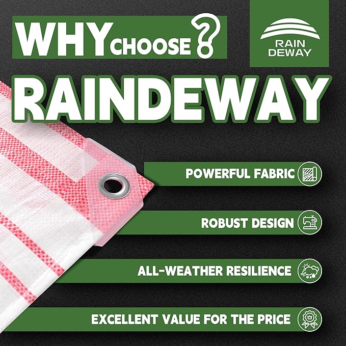RAINDEWAY Tarps 8x10 Feet,12 Mil Sunshade Striped Tarp Waterproof,Multipurpose Poly Tarp Cover with Grommets and Reinforced Edges,Red/White Tarps