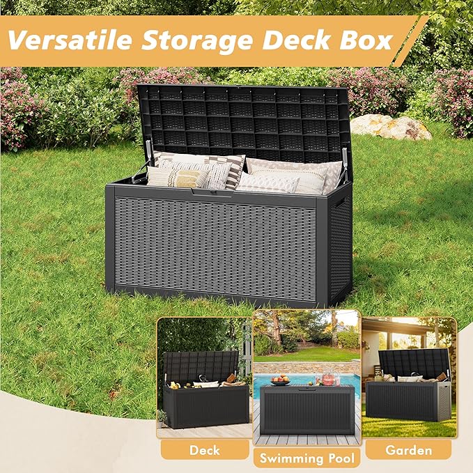 NUNU LAB 101 Gallon Resin Deck Box โ Large Lockable Outdoor Storage Box with Gas Lift, Waterproof Patio Storage for Cushions, Garden Tools, Pool Supplies, and More, Black